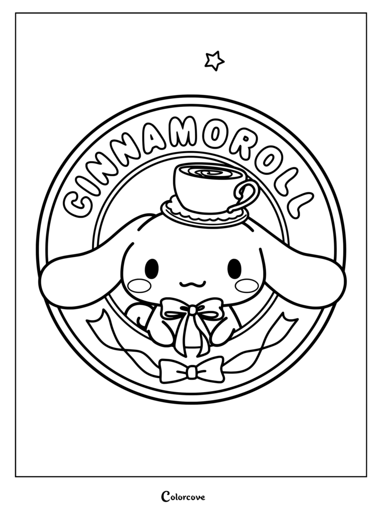 Dibujo para colorear de Cinnamoroll con una taza de café en la cabeza dentro de un marco circular de logotipo