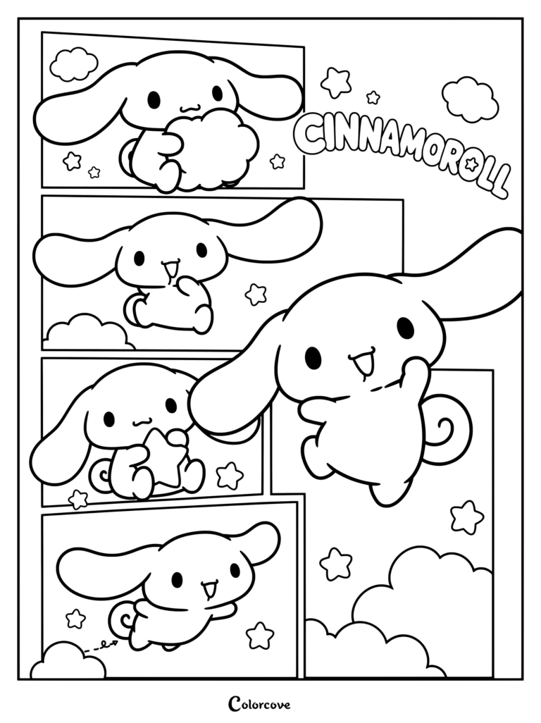 Dibujo para colorear con viñetas de cómic de Cinnamoroll mostrando varias poses entre nubes y estrellas