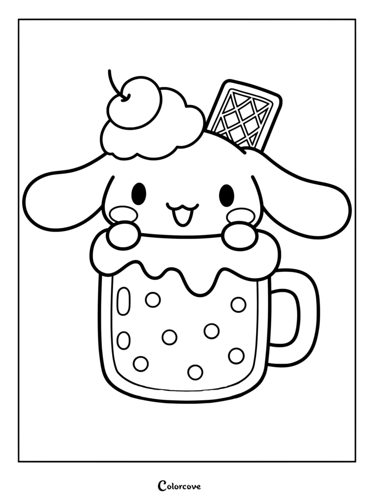Dibujo para colorear de Cinnamoroll donde el cachorro se asoma desde una taza con lunares, nata montada, una cereza y una galleta de barquillo