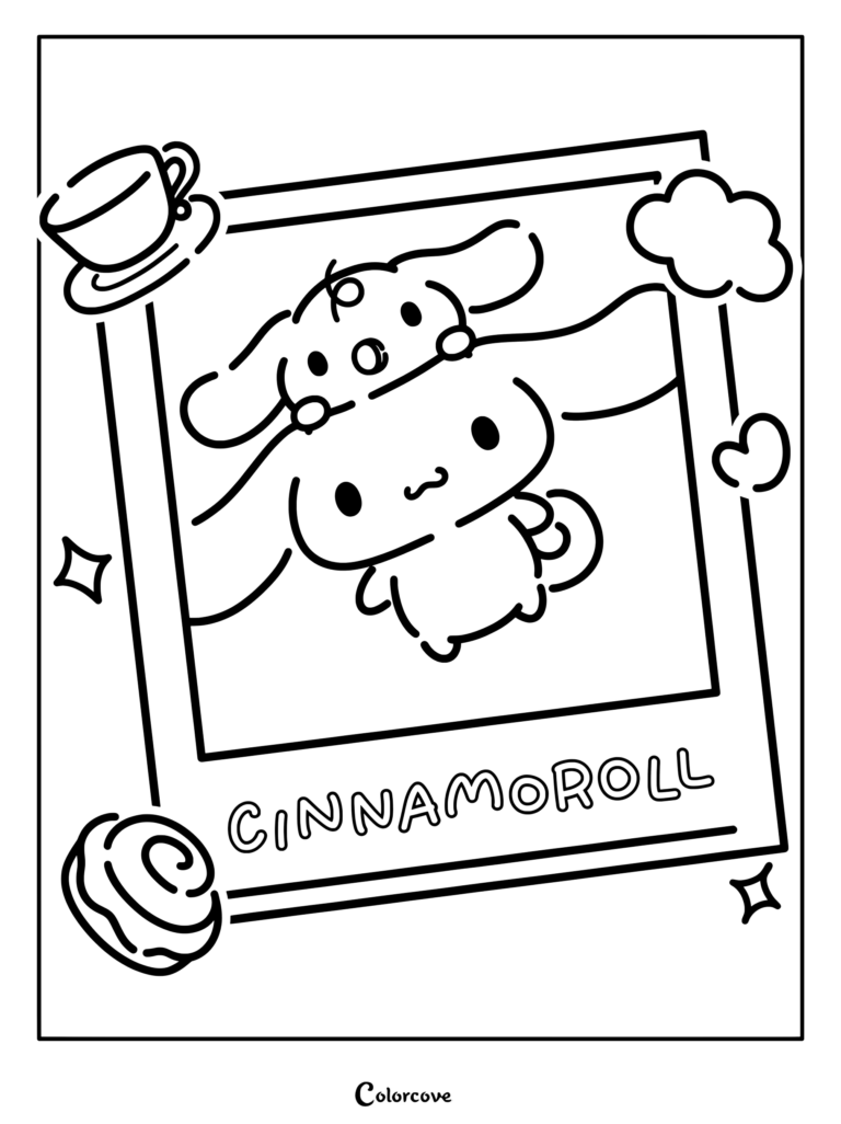 Dibujo para colorear de Cinnamoroll con un marco de foto polaroid, una taza de café e ilustración de rollo de canela