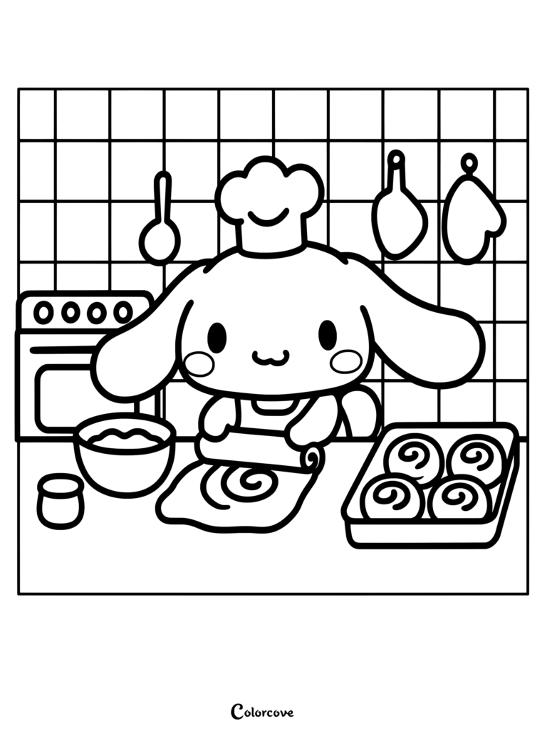Página para colorear imprimible de Cinnamoroll con gorro de chef amasando sobre un mostrador con una bandeja para hornear