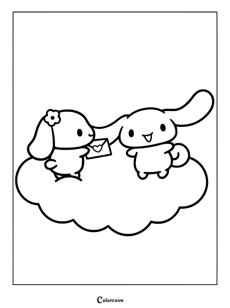 Página para colorear imprimible de Cinnamoroll y Mocha sobre una nube esponjosa intercambiando una carta de amor decorada con corazones