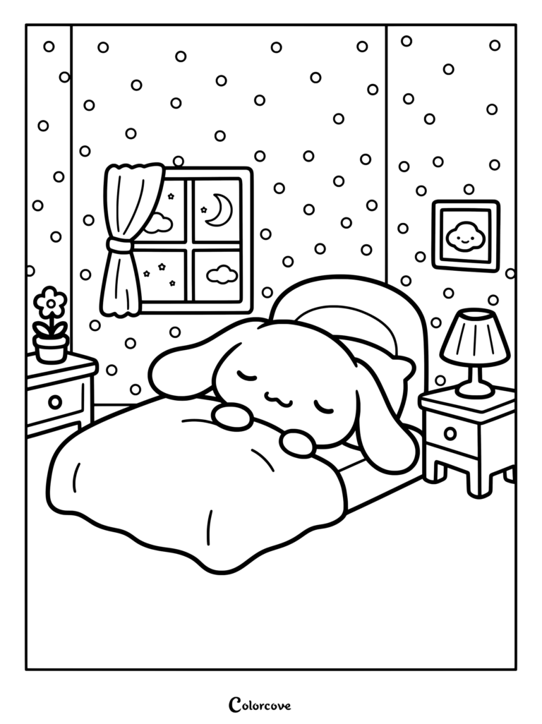 Cinnamoroll is sleeping soundly tucked in bed at night.
