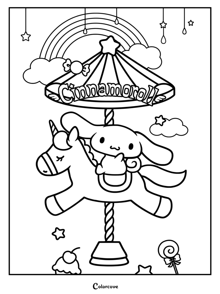 Dibujo para colorear de Cinnamoroll montando en un carrusel de unicornio bajo un arcoíris y un cielo estrellado