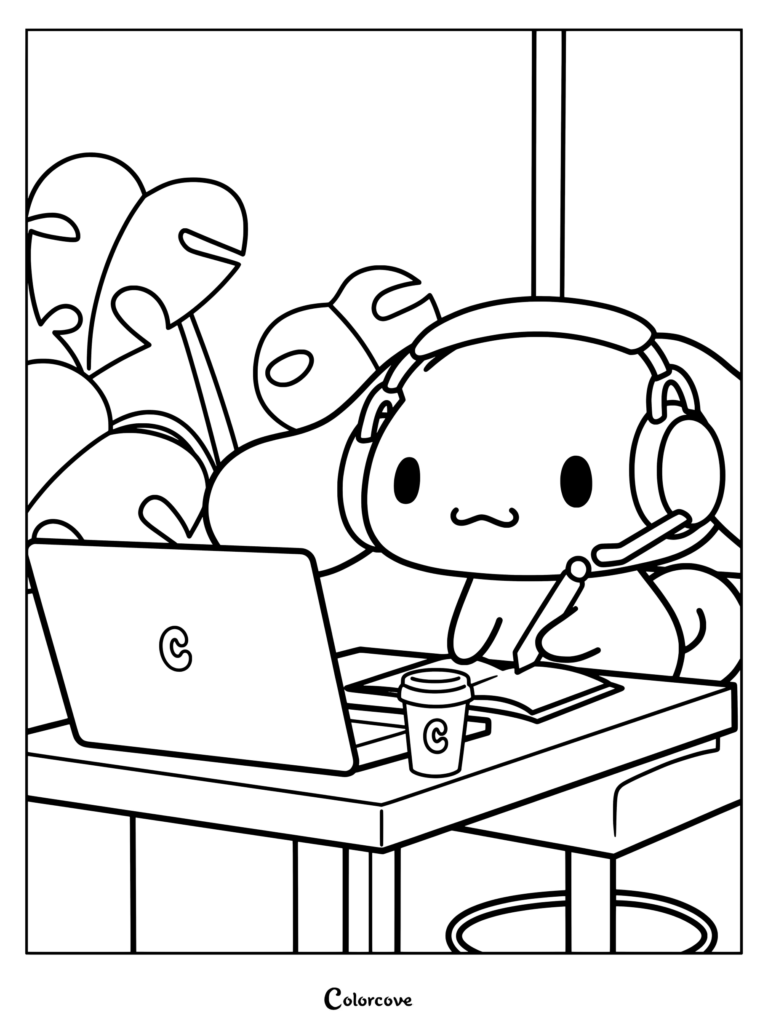 Página para colorear e imprimir de Cinnamoroll usando auriculares mientras estudia con una portátil y un cuaderno