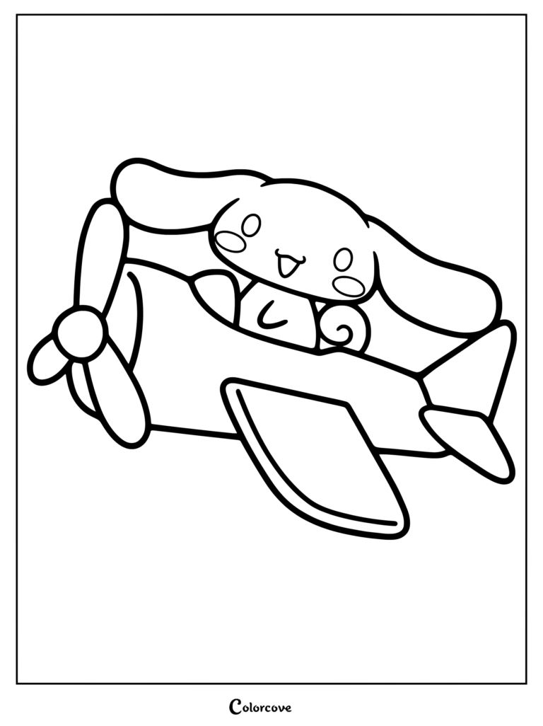 Dibujo para colorear de Cinnamoroll pilotando una pequeña avioneta de hélice muy alegre
