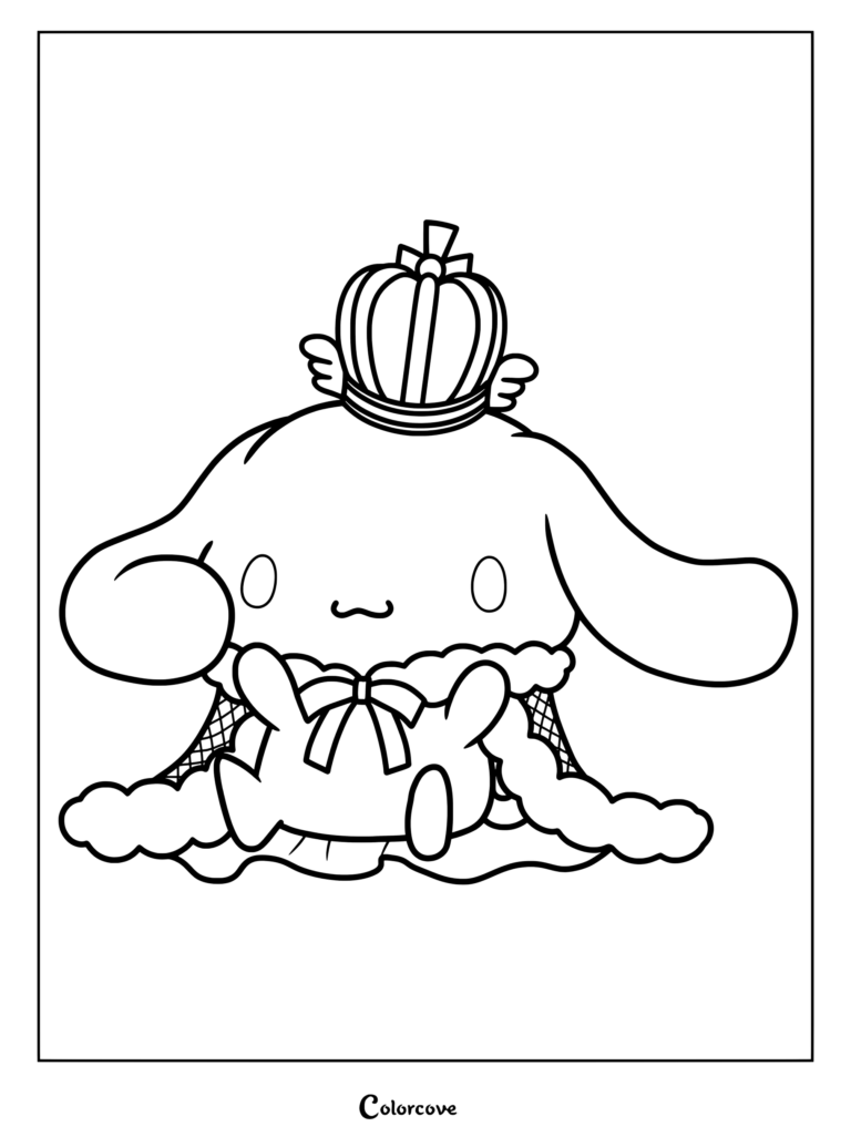 Dibujo para colorear de Cinnamoroll como un rey con corona y una capa real azul sobre un fondo de cielo nublado
