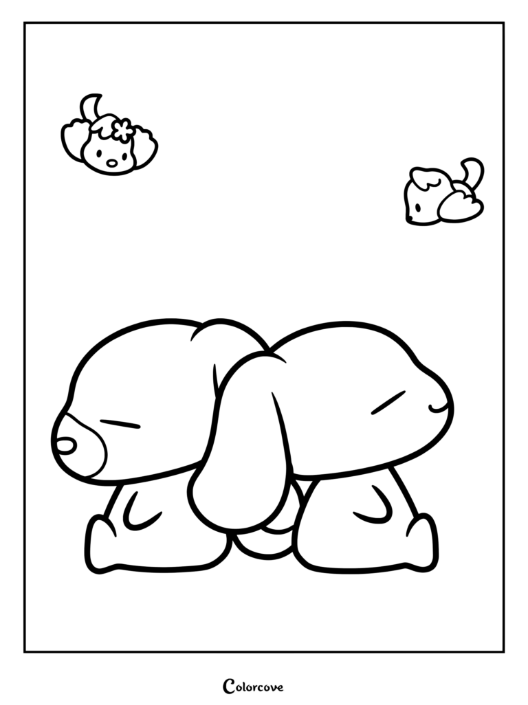 Dibujo para colorear de Cinnamoroll y Cappuccino sentados espalda con espalda durmiendo la siesta con expresión soñolienta