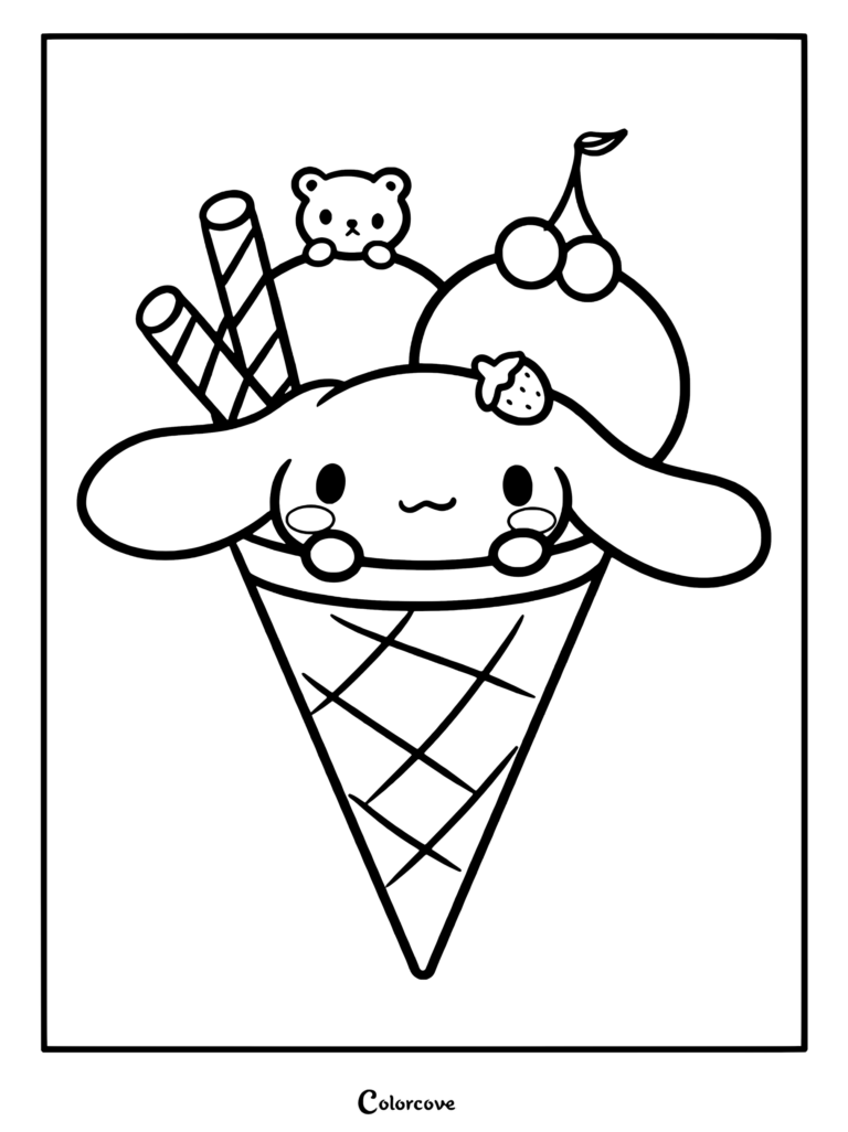 Dibujo para colorear de Cinnamoroll asomándose de un gran cono de helado con barquillos, cerezas y un osito