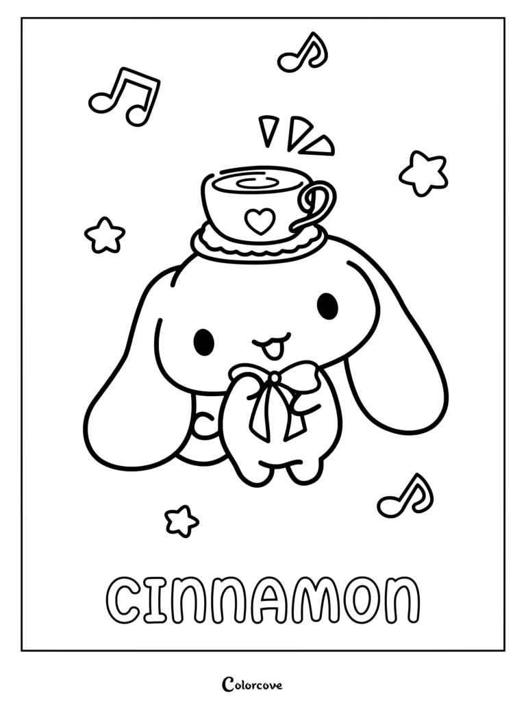 Dibujo para colorear de Cinnamoroll haciendo equilibrio con una taza de té en la cabeza, rodeado de notas musicales y estrellas