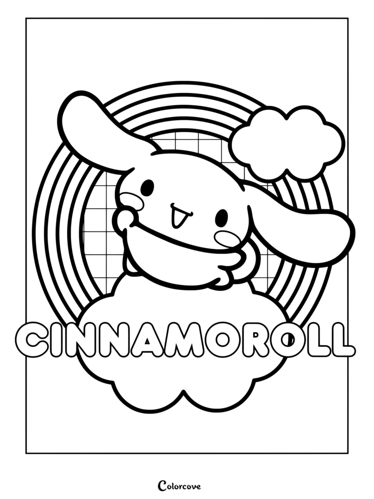 Página para colorear con Cinnamoroll posando alegremente frente a un arcoíris y nubes.