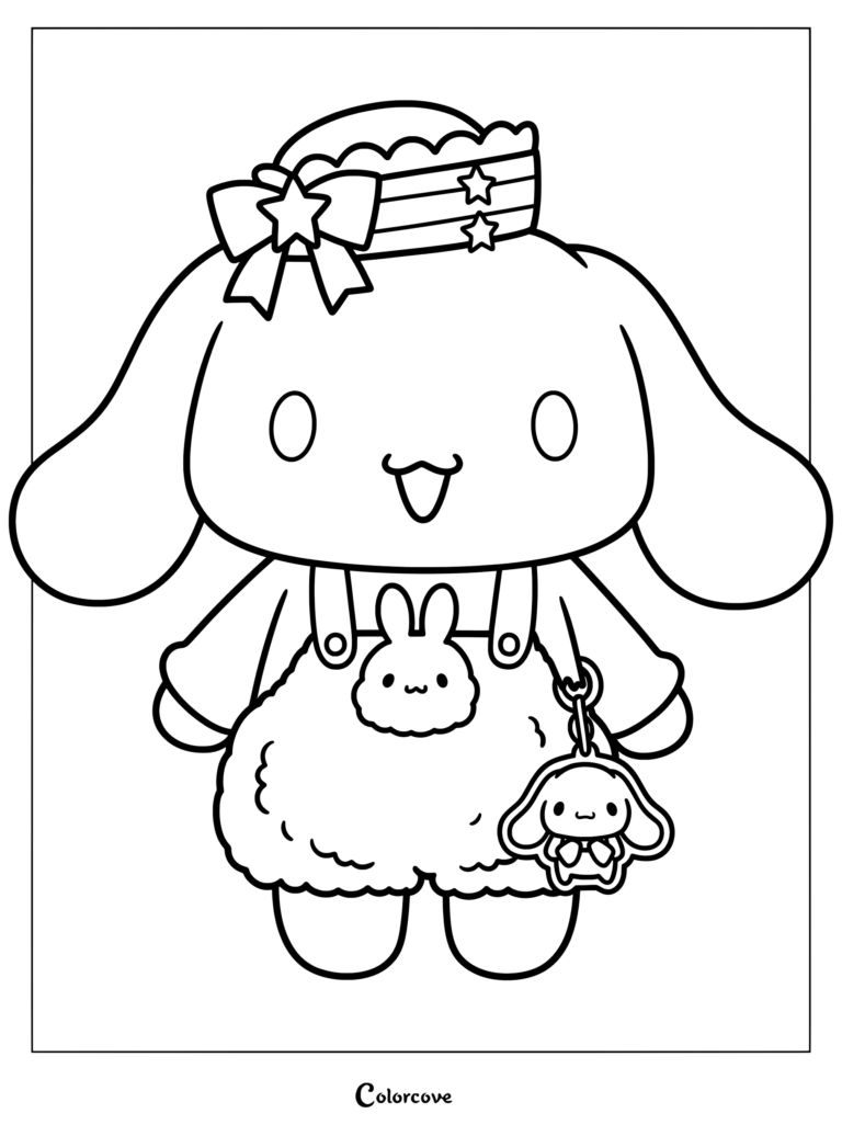 Dibujo para colorear de estilo delineado de Milk usando un gorro a rayas y un peto con bolsillo de conejito y llavero