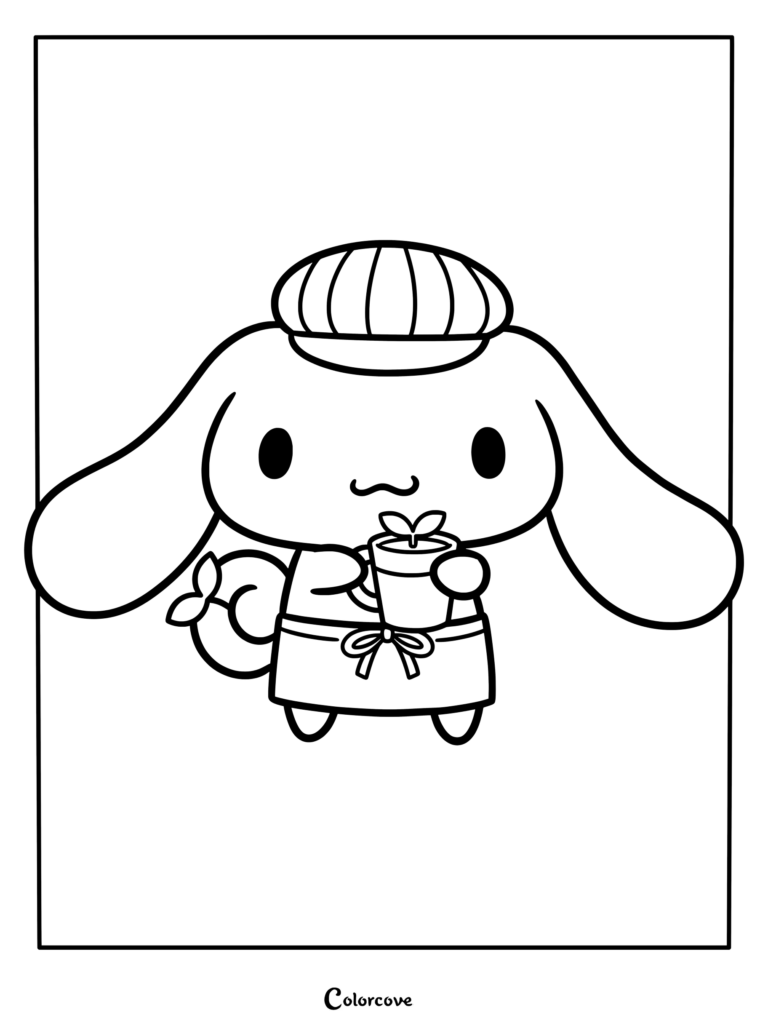 Dibujo para colorear de Cinnamoroll con gorro de barista y delantal sosteniendo una pequeña planta en maceta