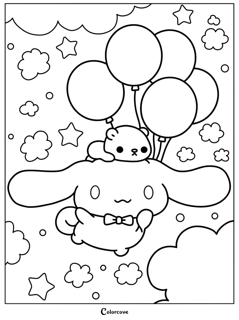 Página para colorear imprimible de Cinnamoroll y Milk flotando por el cielo con un manojo de globos