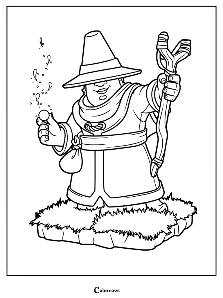 Apprentice Warden holding a wooden slingshot and a glowing orb in this detailed Clash of Clans coloring page.
