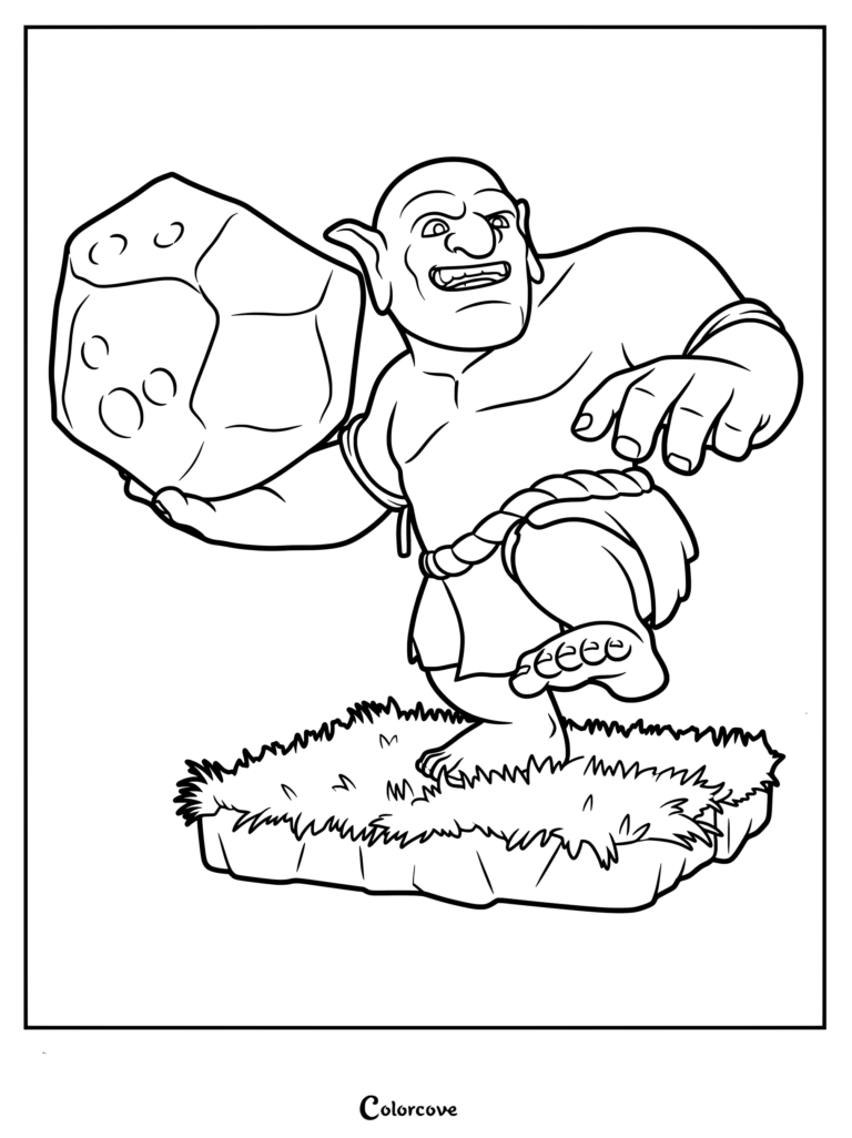 A printable coloring page featuring the Bowler from Clash of Clans holding a large boulder in his hand.