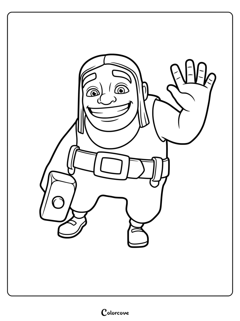 The Builder from Clash of Clans waving his hand while holding his signature hammer in this printable coloring page.