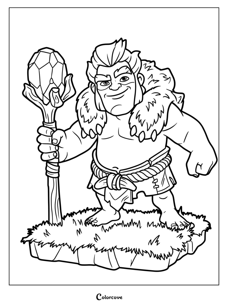 Clash of Clans Druid holding a crystal staff, wearing a fur-lined cloak, line art coloring page.