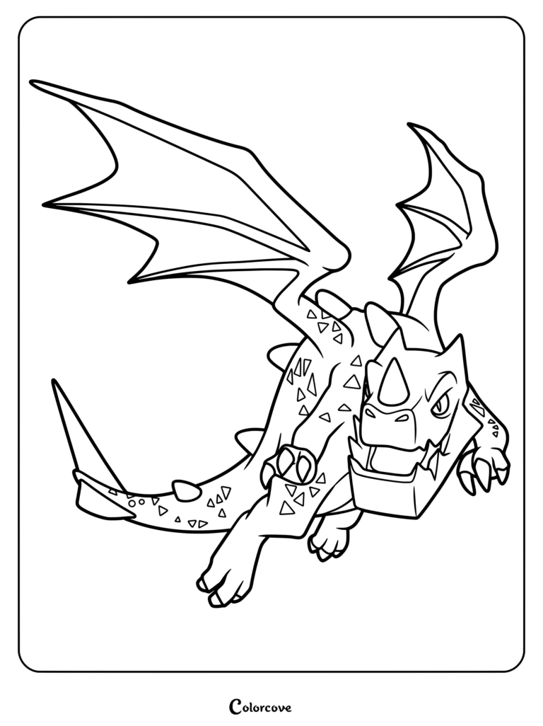 Electro Dragon from Clash of Clans in a dynamic flying pose, detailed line art coloring page.