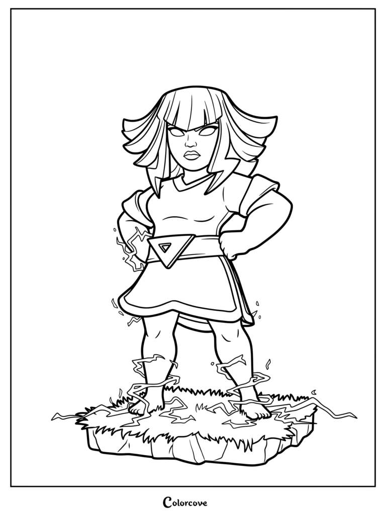 Electro Titan from Clash of Clans standing on electrified ground, detailed line art coloring page.