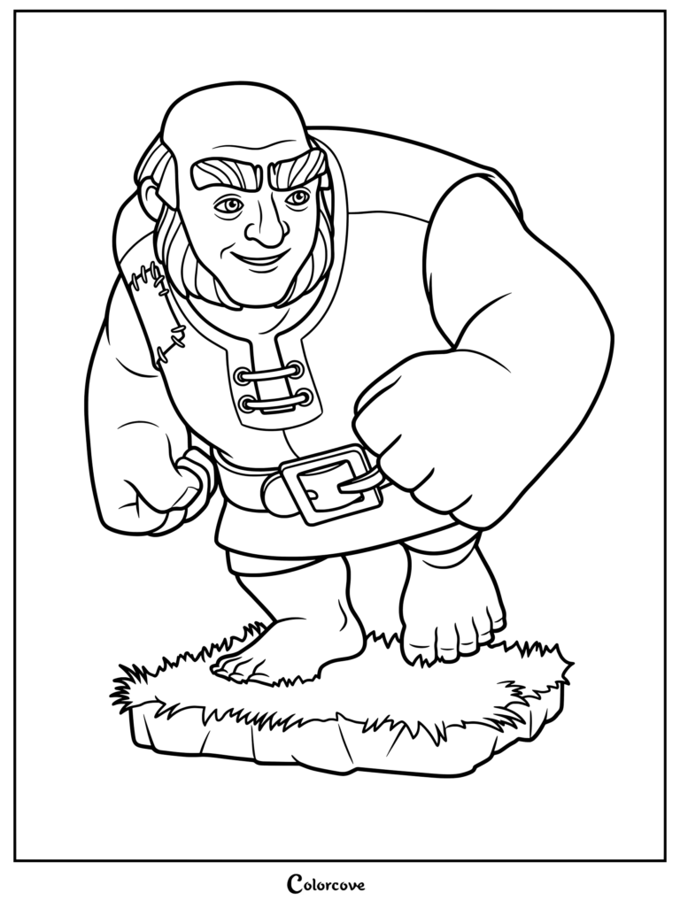 A printable coloring page featuring the Clash of Clans Giant standing on a patch of grass with his fists clenched.