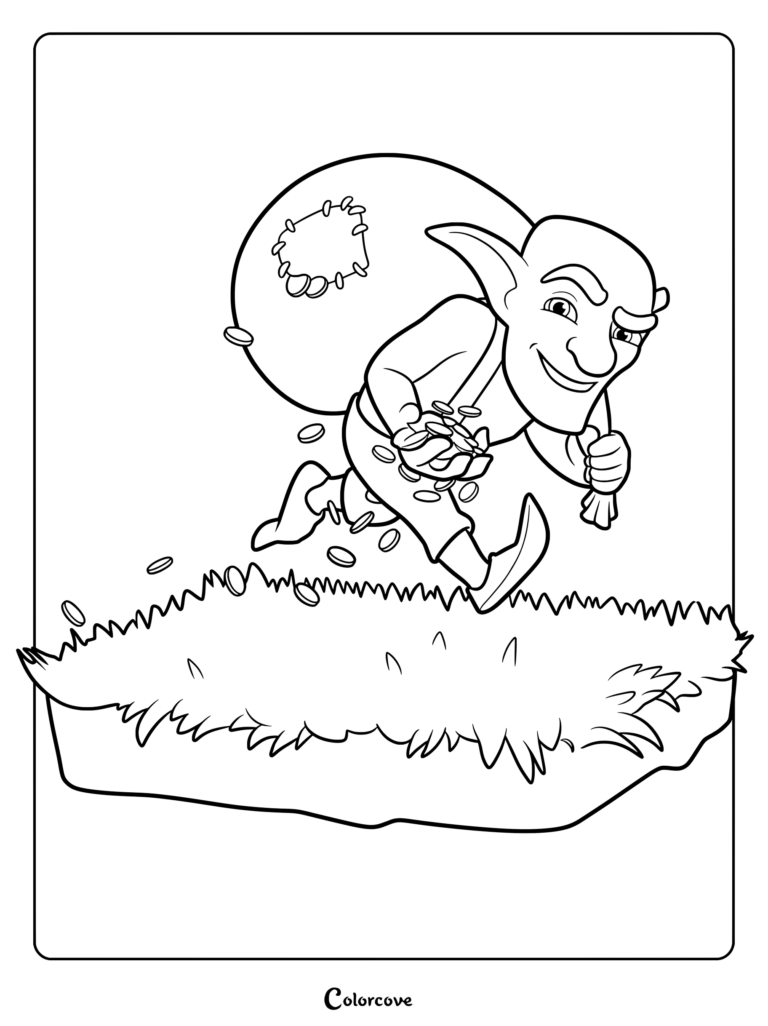 A Clash of Clans Goblin running with a large sack of gold coins on a coloring page.