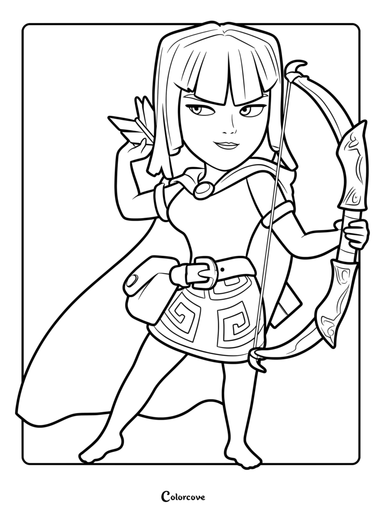 Clash of Clans Archer holding a bow and arrow in a detailed line art coloring page