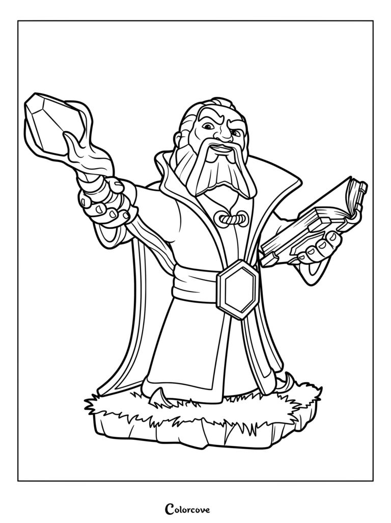 Grand Warden from Clash of Clans holding a magical staff and an open spell book in this detailed line art coloring page.