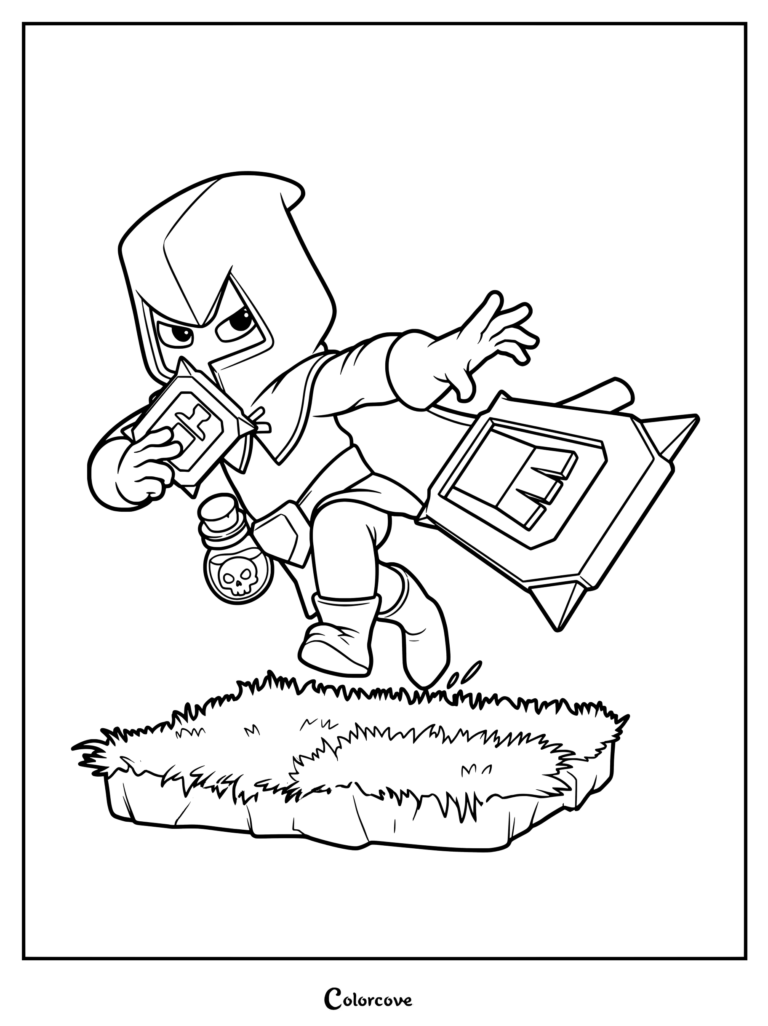 Clash of Clans Headhunter character holding a poison vial and throwing a dagger, printable coloring page.