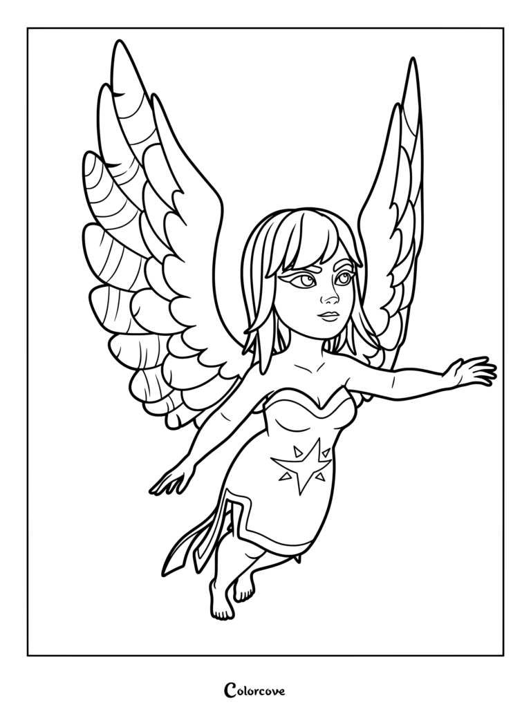 Healer from Clash of Clans with large feathered wings and star emblem dress in a printable coloring page