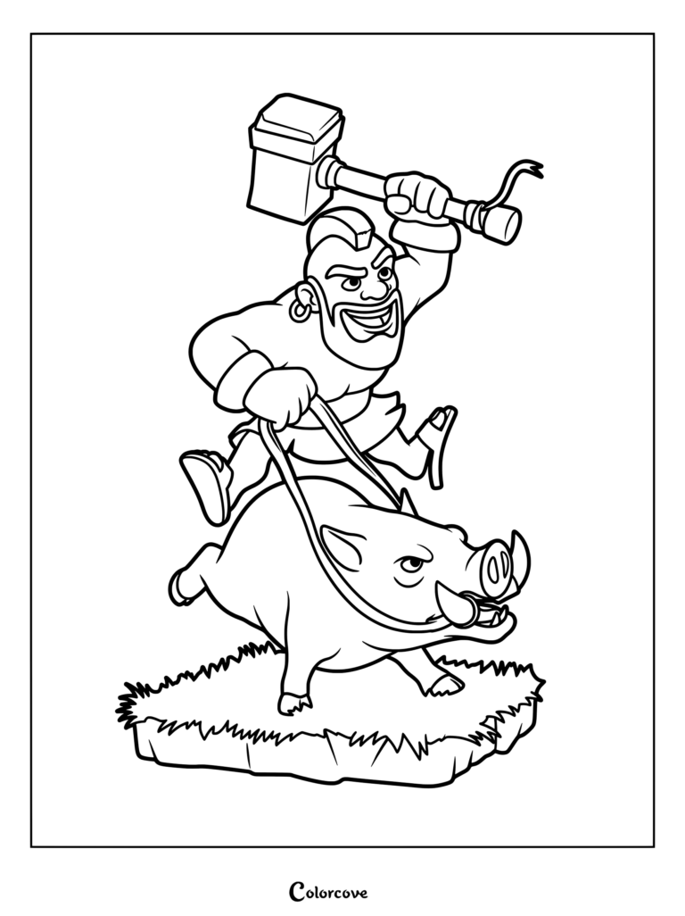 Hog Rider from Clash of Clans holding a large hammer while riding a hog, detailed line art coloring page.