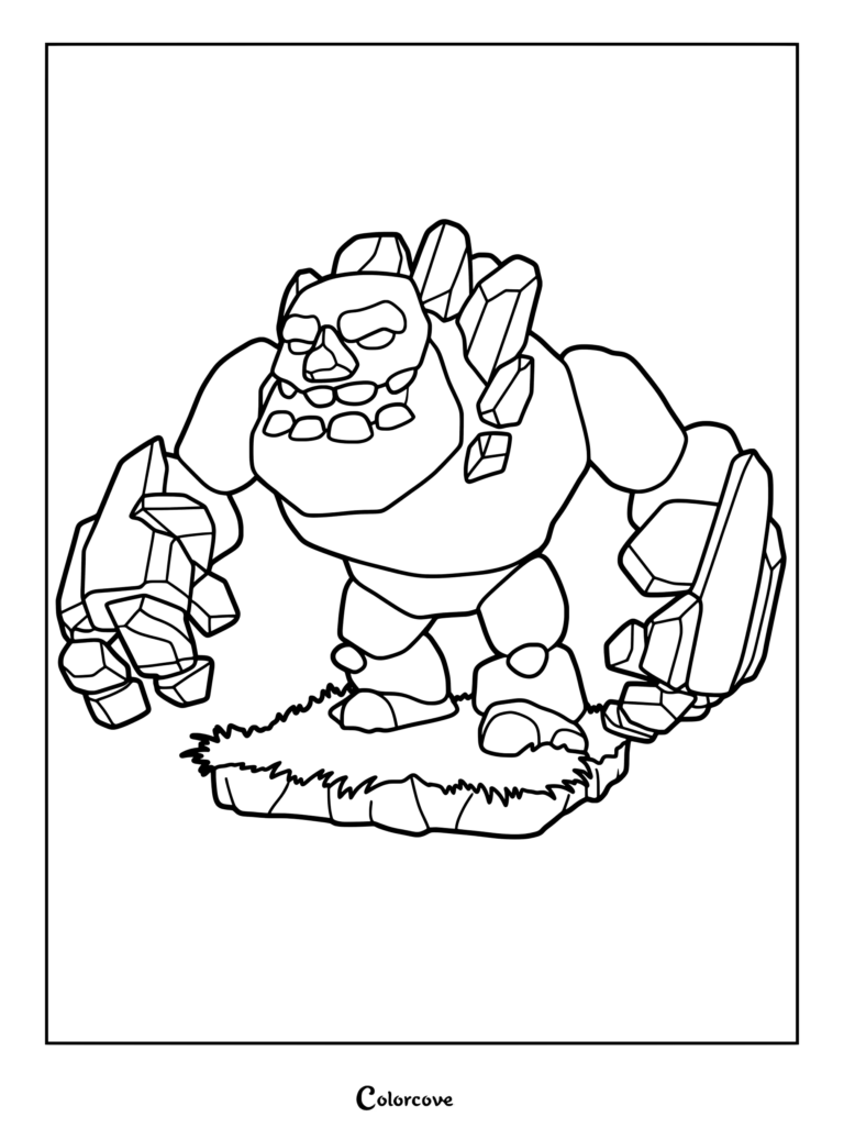 Clash of Clans Ice Golem character standing on a grassy patch, detailed line art coloring page.