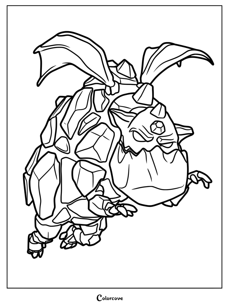 A printable coloring page featuring the Lava Hound from Clash of Clans with its rocky armor and wings spread.