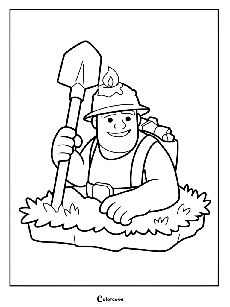 Clash of Clans Miner holding a shovel and wearing a candle helmet, printable coloring page.