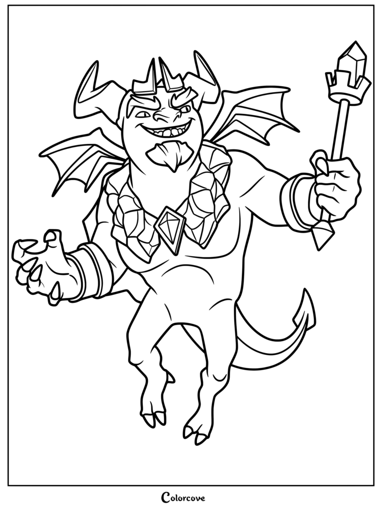 Minion Prince from Clash of Clans holding a crystal scepter, detailed line art coloring page.