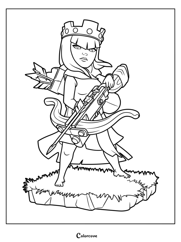 Archer Queen from Clash of Clans holding her X-Bow, a printable coloring page featuring the hero character.