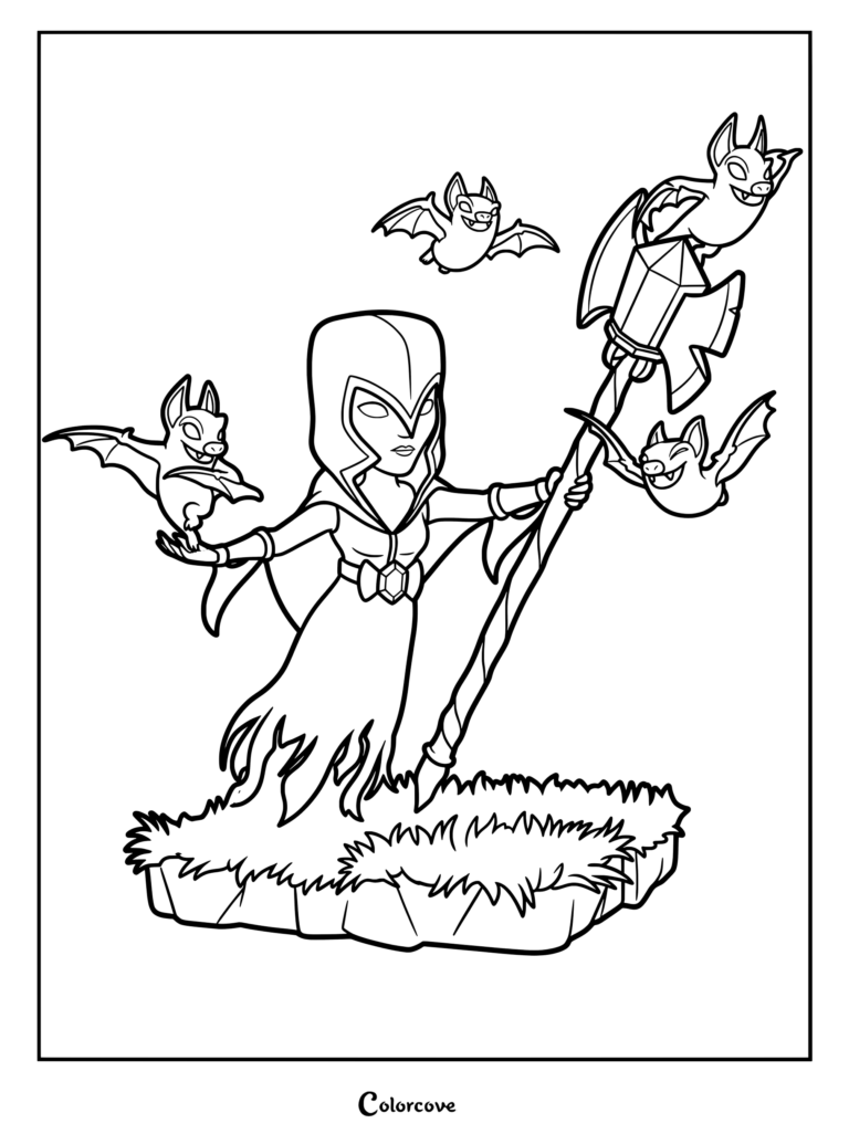 Night Witch holding a staff with bats flying around her in this printable Clash of Clans coloring page.