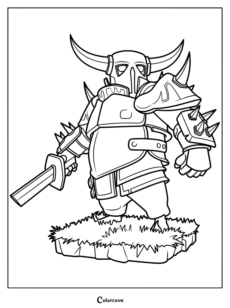 P.E.K.K.A from Clash of Clans standing on a grassy patch, featuring iconic horned helmet, spiked armor, and sword in a detailed line art coloring page.