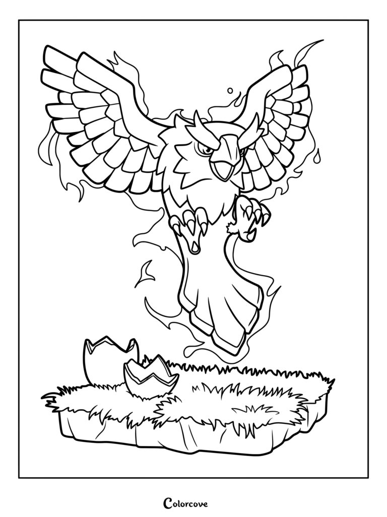 A Clash of Clans Phoenix coloring page showing the fiery bird emerging from a cracked egg on a grassy patch.