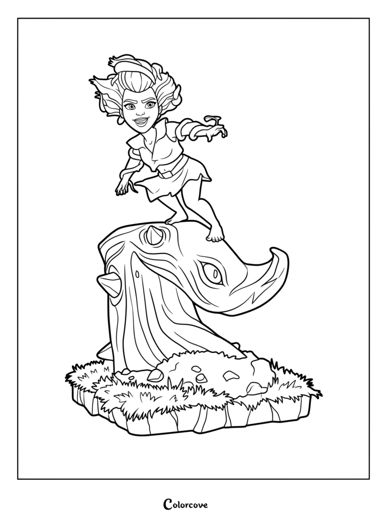 Root Rider from Clash of Clans standing on a large animated tree stump, detailed line art coloring page.