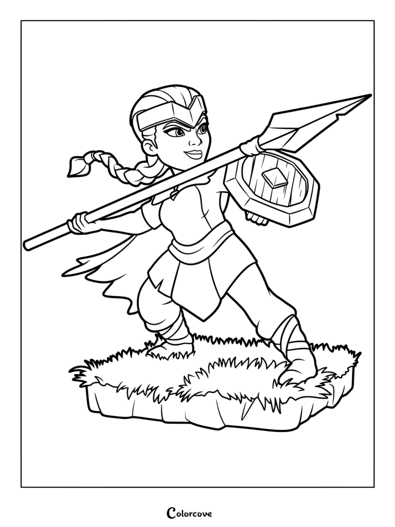Royal Champion holding a spear and shield in a battle stance, detailed line art coloring page.