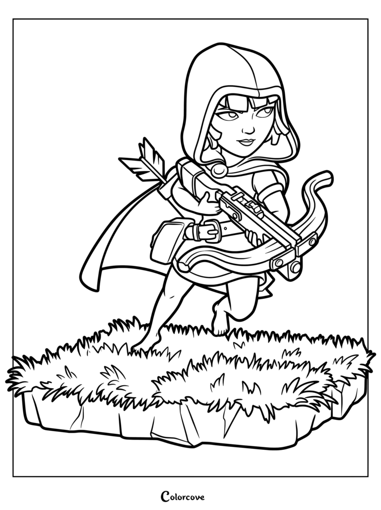 Sneaky Archer from Clash of Clans holding a crossbow, printable coloring page featuring the hooded character on a grassy patch.