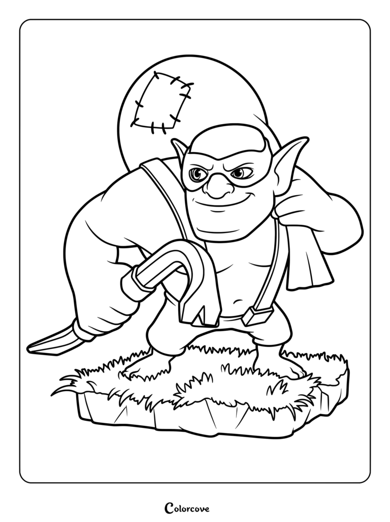 Sneaky Goblin from Clash of Clans holding a crowbar and carrying a large sack on this printable coloring page.