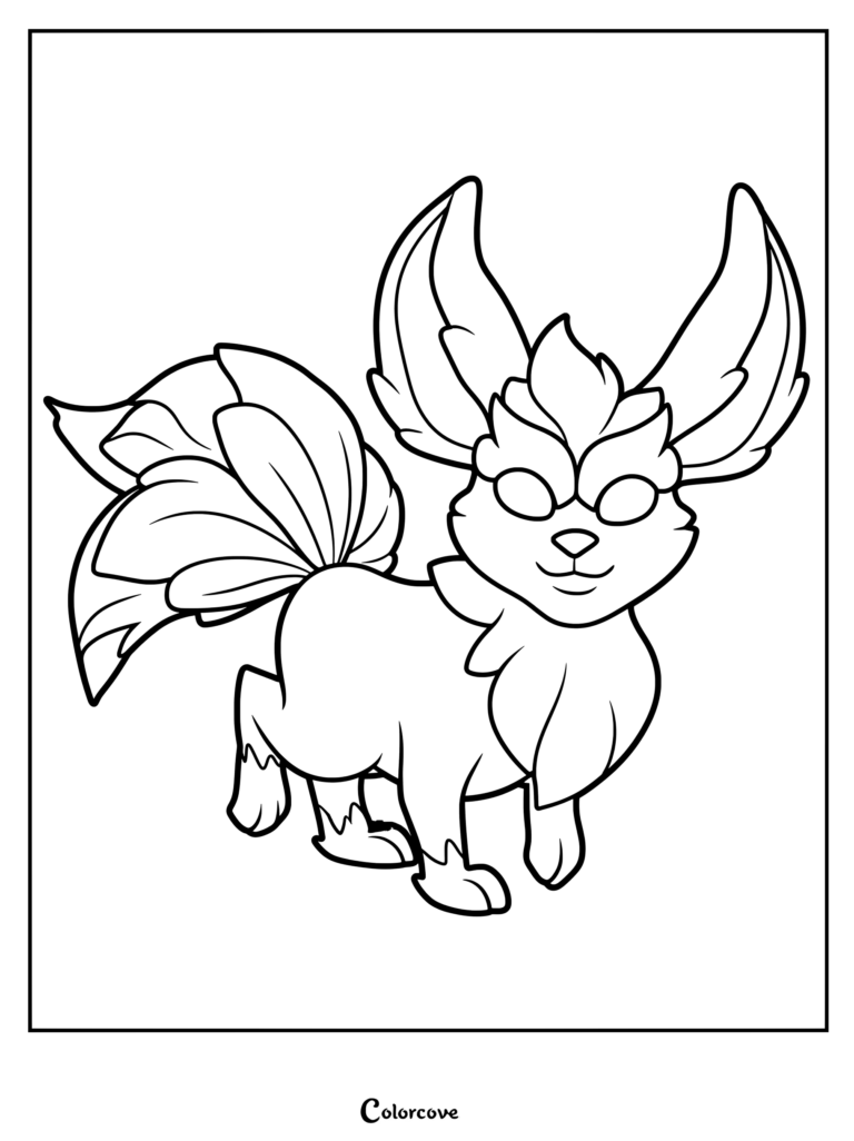 A detailed line art coloring page of the Spirit Fox pet from Clash of Clans featuring large ears and a bushy tail.