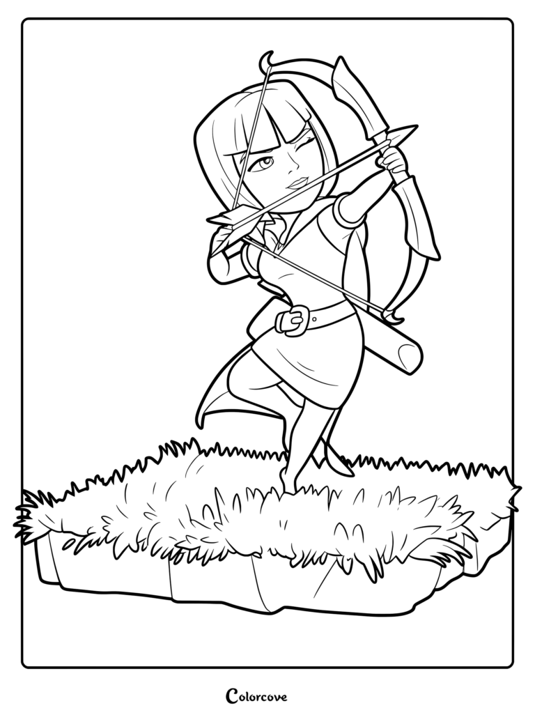Clash of Clans Archer aiming her bow and arrow in this printable coloring page