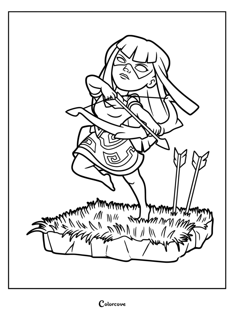 Super Archer from Clash of Clans aiming her bow on a grassy patch, printable coloring page.