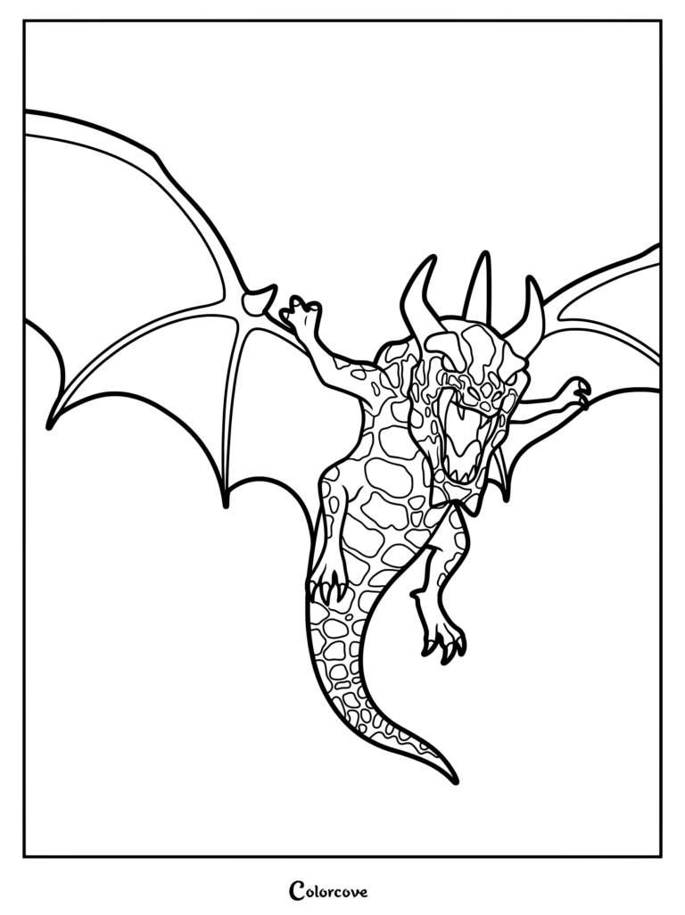 Super Dragon from Clash of Clans with spotted scales and large wings in a flying pose, printable coloring page.