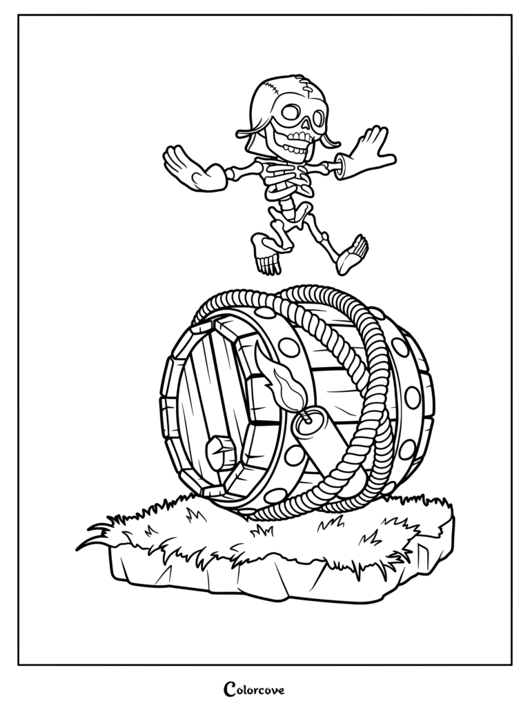 Super Wall Breaker jumping over a large explosive bomb barrel in this Clash of Clans coloring page.