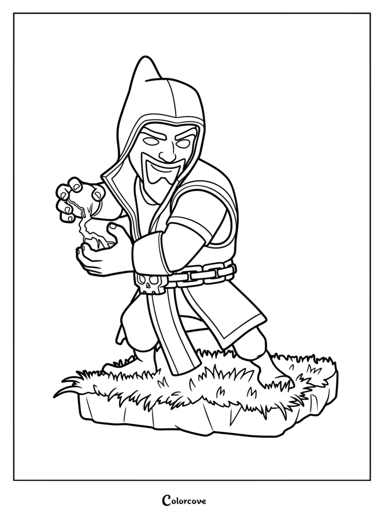 Super Wizard from Clash of Clans casting a spell, detailed line art coloring page.