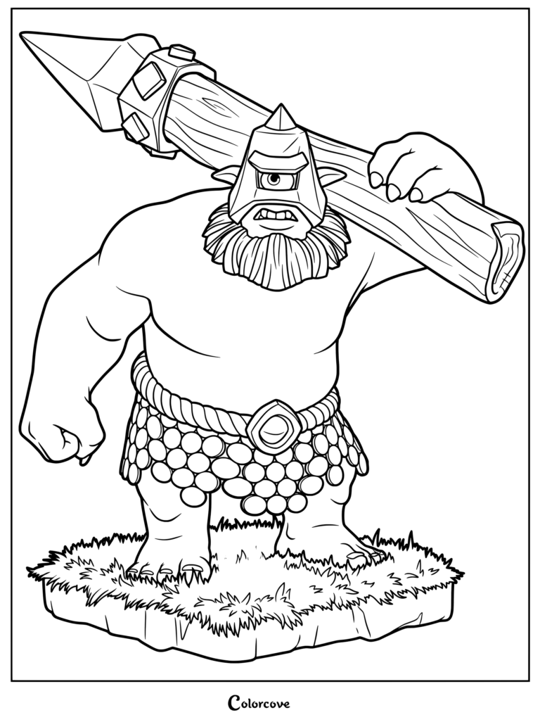 Clash of Clans Thrower character holding a large wooden log spear, detailed line art coloring page.